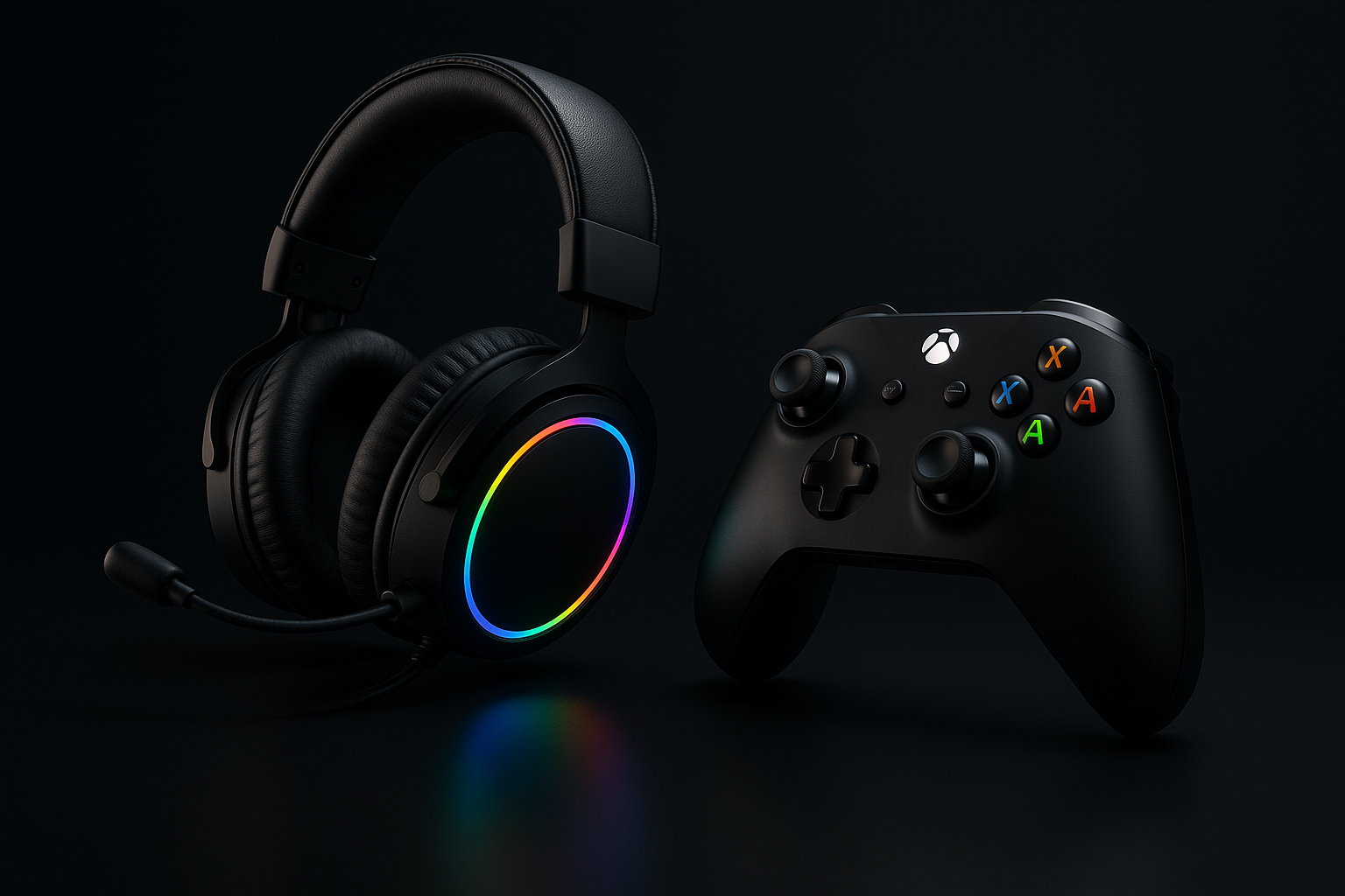 latest headphone and game pad in a dark background